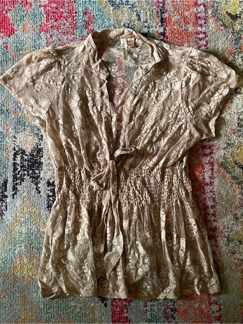 Eyeshadow Taupe Lace Tie-Front Blouse